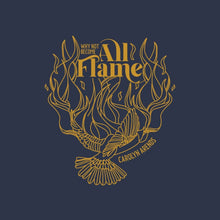 Load image into Gallery viewer, Gold and navy designer artwork of fire and bird for the All Flame t-shirt.