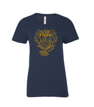 Load image into Gallery viewer, Carolyn Arends ALL FLAME collectible tee - gold print on navy t-shirt - women cut