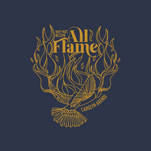 Load image into Gallery viewer, Gold and navy designer artwork of fire and bird for the All Flame t-shirt.
