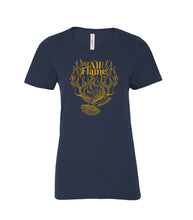 Load image into Gallery viewer, Carolyn Arends ALL FLAME collectible tee - gold print on navy t-shirt - women cut
